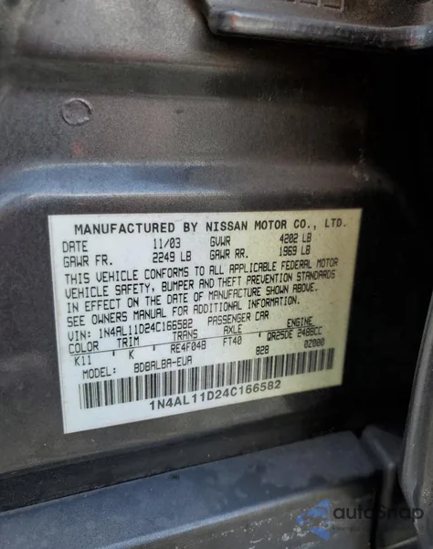 2004 Nissan Altima Base из США, поврежденный, VIN 1N4AL11D24C166582